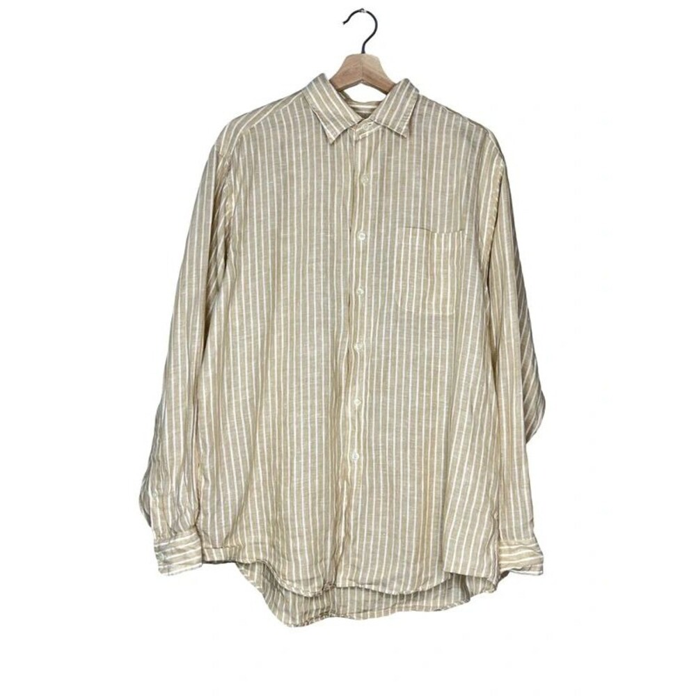 Brooks Brothers 100% Linen Stiped Long-Sleeve Button Front Shirt Sz L